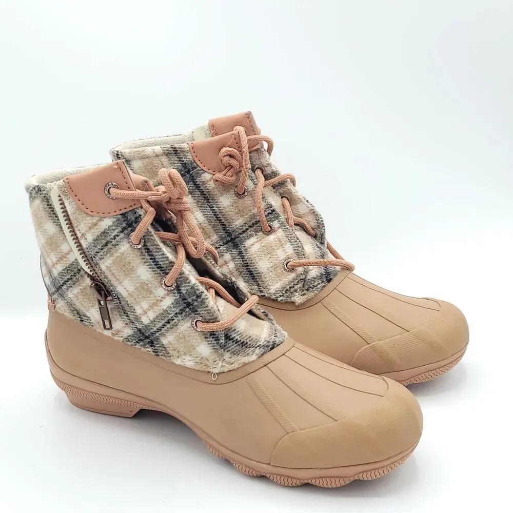 Sperry Saltwater Plaid Wool Duck Boots  Tan Waterproof Winter women's size 8